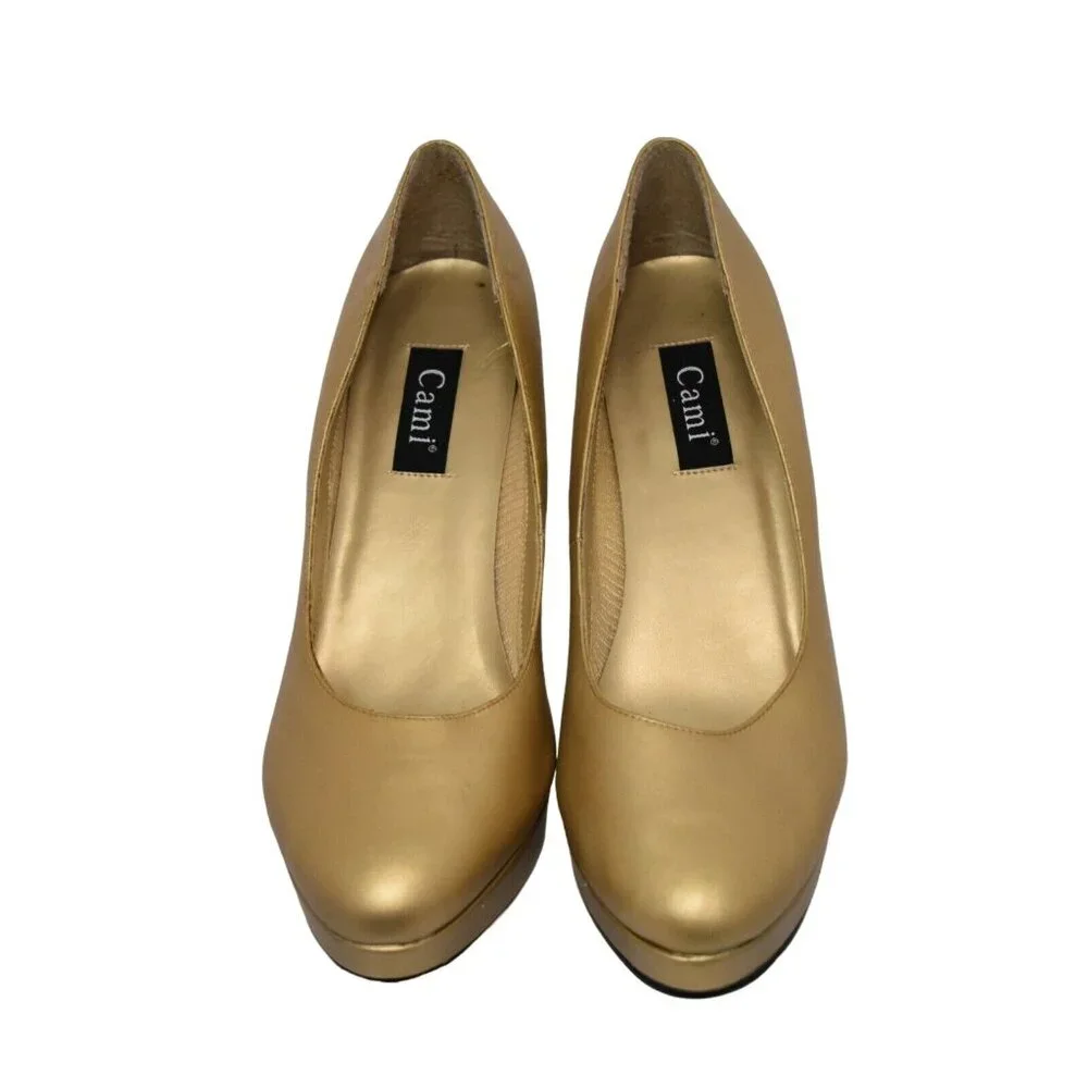 Cami Womens 8 Gold Leather Platform Heel Pumps Party Wedding - Picture 6 of 11